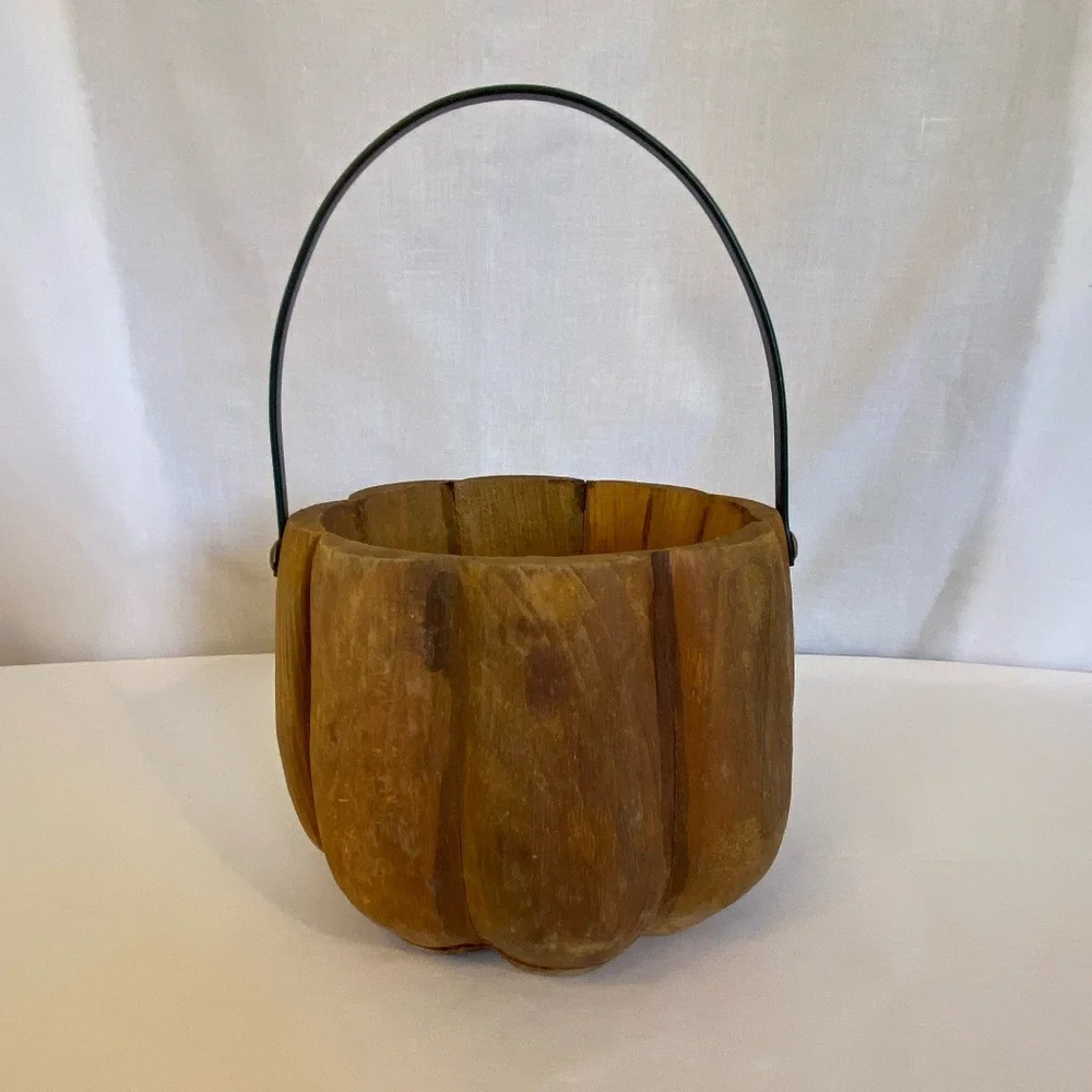 Rustic Pumpkin Bucket Pail Planter Candy Bowl Primitive Wooden Metal Handle